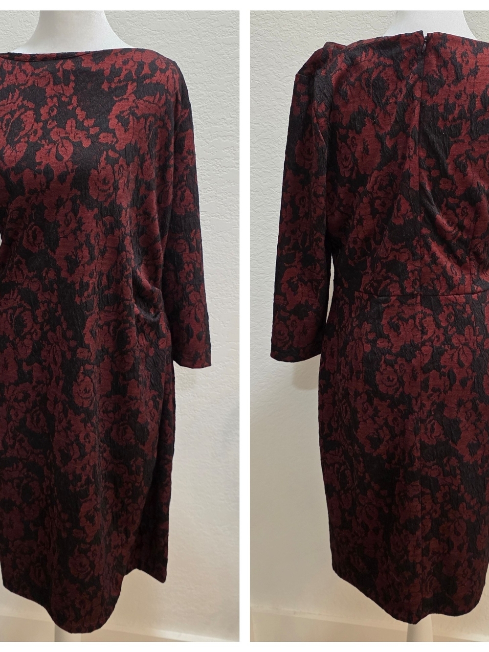 Talbots Maroon and Black Floral Long-Sleeve Sheath Dress